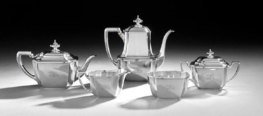 Tiffany Five-Piece "Hampton" Silver Tea Set: Tiffany & Co. Five-Piece "Hampton" Sterling Silver Coffee and Tea Set, the pattern introduced in 1912, New York, New York, including a coffeepot, h. 8-3/4", l. 8-3/4", a teapot, h. 5-3/4", l. 9-3/4",