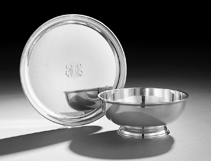 S. Kirk & Son Sterling "Revere" Bowl and Salver: S. Kirk & Son Sterling Silver "Revere" Bowl and Salver, mid-20th century, Baltimore, Maryland, of traditional form with molded rim, the bowl, h. 4", dia. 9-1/8", with no monograms, the salver, dia. 12