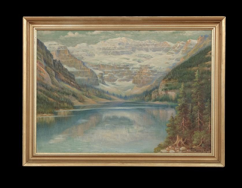 Andreas Roth (German/California, 1872-1949): Andreas Roth (German/California, 1872-1949), "Lake Louise, Alberta, Canada", 1941, signed and dated lower right, signed, titled and dated en verso canvas, 19-1/4" x 27-1/4". Framed.