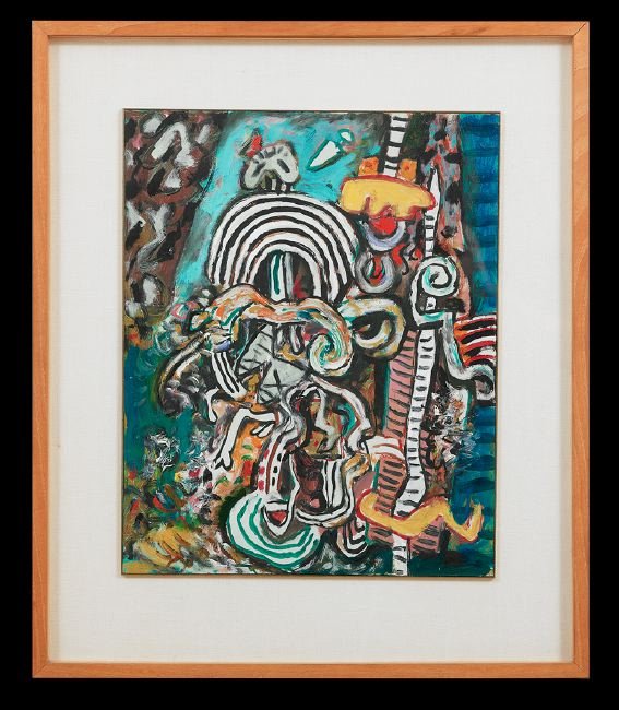 Alan Davie (British, 1920-2014): Alan Davie (British, 1920-2014), "Homage to Homo Australis No 2" and "Study for Elizabethan Spirit No 1", two oils on board, former signed, dated and titled lower left, latter signed, dated and titled