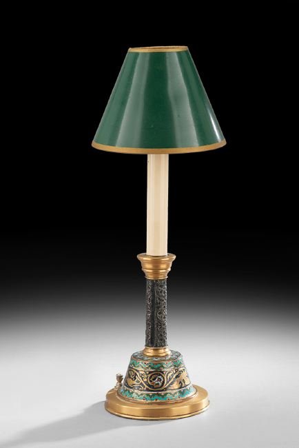 French Champleve Enamel Candlestick: French Champleve Enamel Candlestick in the Middle Eastern Style, first quarter 20th century, now mounted as a lamp, possibly retailed by Caldwell, base, h. 7", overall, h. 15-3/4", dia. 4-1/4".