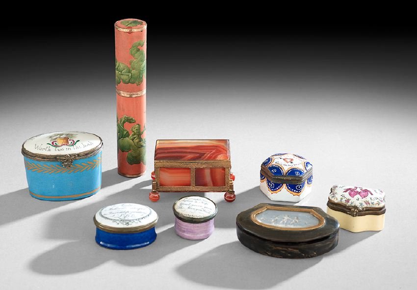 Collection of Eight English and Continental Boxes: Collection of Eight English and Continental Boxes, 18th century and later, including three English enameled patch boxes: an octagonal example, dia. 1-3/4", an oval example, w. 1-3/4", and a round exam