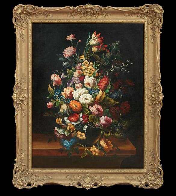 Continental School (Second Quarter 19th Century): Continental School (Second Quarter 19th Century), "Exuberant Floral Still Life", oil on canvas, monogrammed "E.M." lower left, 42" x 32". Framed.