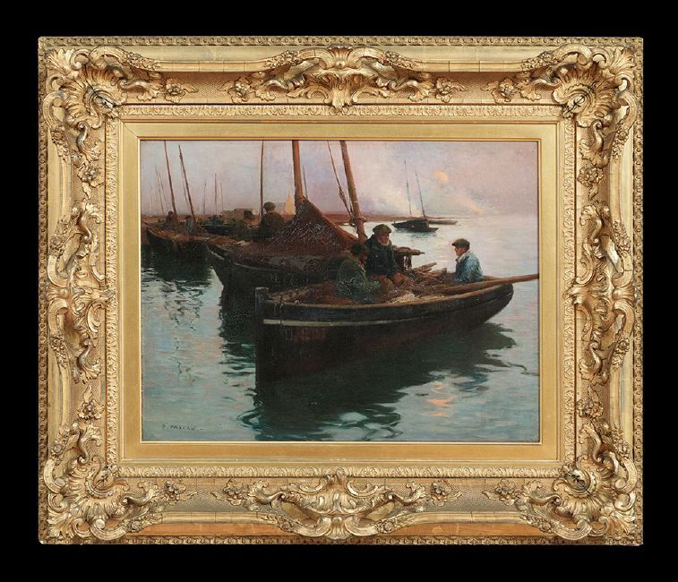 Paul Pascal (French, 1832-ca. 1903): Paul Pascal (French, 1832-ca. 1903), "Three Men in a Boat", oil on canvas, signed lower left, 18-1/2" x 24-1/4". In an antique gesso and carved giltwood frame.