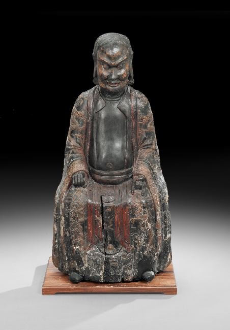 Large Chinese Lacquered Wood Buddhist Figure: Large Chinese Lacquered Wood Buddhist Figure, Ming Dynasty (1368-1644), the seated figure with a carved relief motif of dragons and clouds, mounted on a wooden base, h. 45", w. 23-1/4".