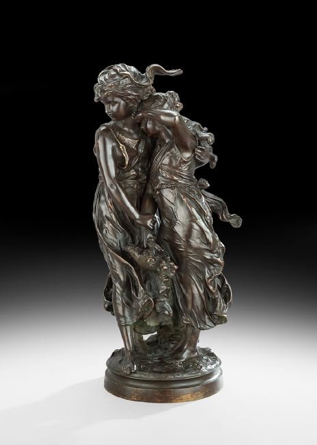 French Bronze of "The Allegory of Spring": French Patinated Bronze of "The Allegory of Spring", ca. 1900, depicting two young girls holding a basket overflowing with blossoms, after Auguste Moreau (French, 1834-1917), cast signature at edge of