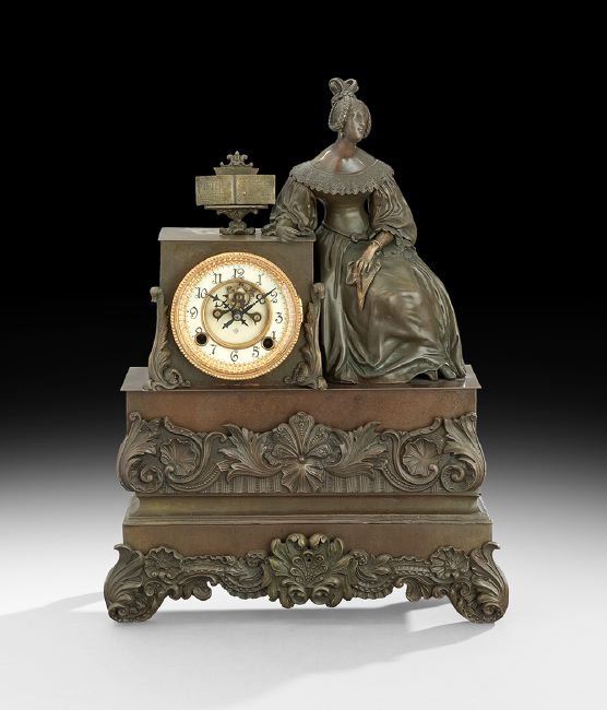 Louis-Philippe Bronze Clock Depicting Jenny Lind: Louis-Philippe Patinated Bronze Clock Depicting Jenny Lind, second quarter 19th century and later, now set with Ansonia works made in Connecticut in the late 19th century, the lower case decorated wit