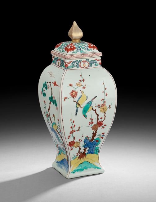 Kakiemon-Style Covered Garniture Vase: Kakiemon-Style Covered Garniture Vase, fourth quarter 19th century, Edme Samson et Cie, Paris, decorated with polychrome cranes, pine trees, peonies and plum branches, the vase marked with a rouge-de-