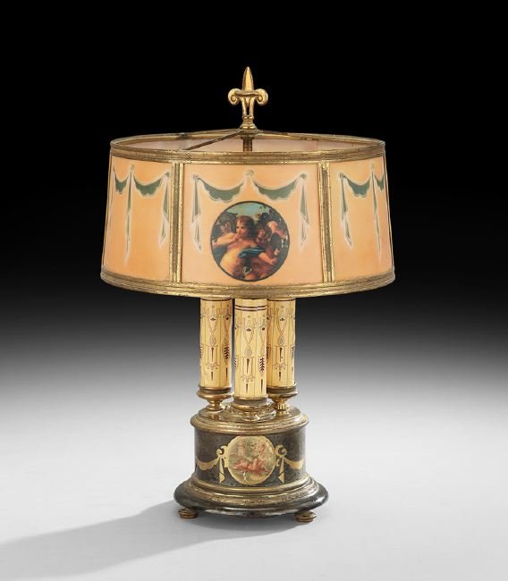 French Bronze, Tole and Celluloid Bouillotte Lamp: Unusual French Bronze, Tole and Celluloid Bouillotte Lamp, second quarter 20th century, the drum-shaped base painted with neoclassical scenes on a black ground and trimmed with gilt-bronze fittings, t