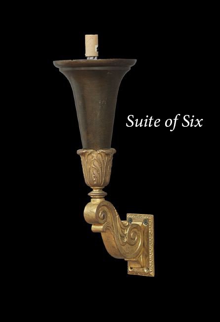 Six Beaux-Arts-Style Bronze Pendant Sconces: Set of Six French Beaux-Arts-Style Bronze Pendant Sconces, the gilt-bronze brackets decorated with scrollwork and egg-and-dart edges, and holding the patinated bronze bell-form lamp holders, electrifi
