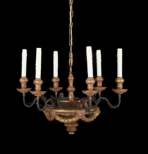 Tuscan-Style Wrought Iron and Giltwood Chandelier: Tuscan-Style Wrought Iron and Giltwood Six-Light Chandelier, the carved bowl adorned with rosettes and swags, the lights on the arms with wrought metal foliage, electrified, h. 22", dia. 24".