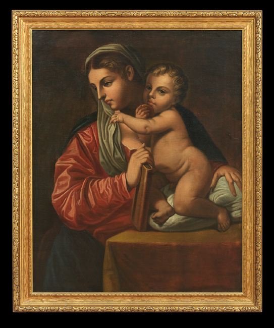 Continental School (Fourth Quarter 19th Century): Continental School (Fourth Quarter 19th Century), "Madonna and Child with Book", oil on canvas, 41" x 33". Framed.