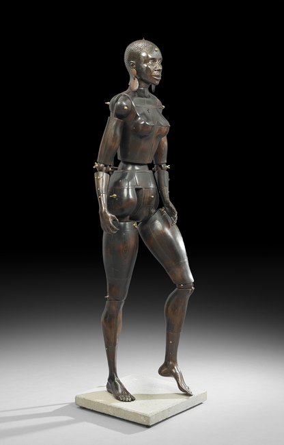 Jean-Jacques Gaudel (French/Alabama, b. 1946): Jean-Jacques Gaudel (French/Alabama, b. 1946), "Nubian Princess/Salome", automaton sculpture, carved cedar, cast iron head, feet and hands, inset glass eyes, and brass fittings, from the "Dummies with