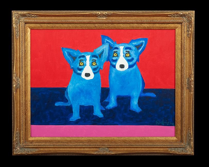 George Rodrigue (American/Louisiana, 1944-2013): George Rodrigue (American/Louisiana, 1944-2013), "Two Is Better Than One", 2009, acrylic on canvas, signed lower right, signed, titled and dated en verso, 18" x 24". Framed.