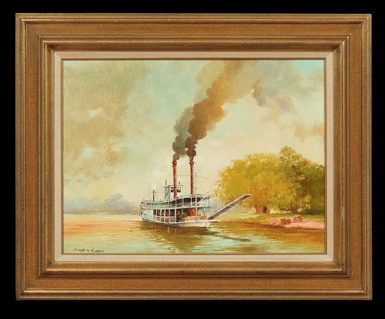 Robert Rucker (American/Louisiana, 1932-2001): Robert Rucker (American/Louisiana, 1932-2001), "Steamboat on the Mississippi", oil on canvas, signed lower left, 18" x 24". Framed.