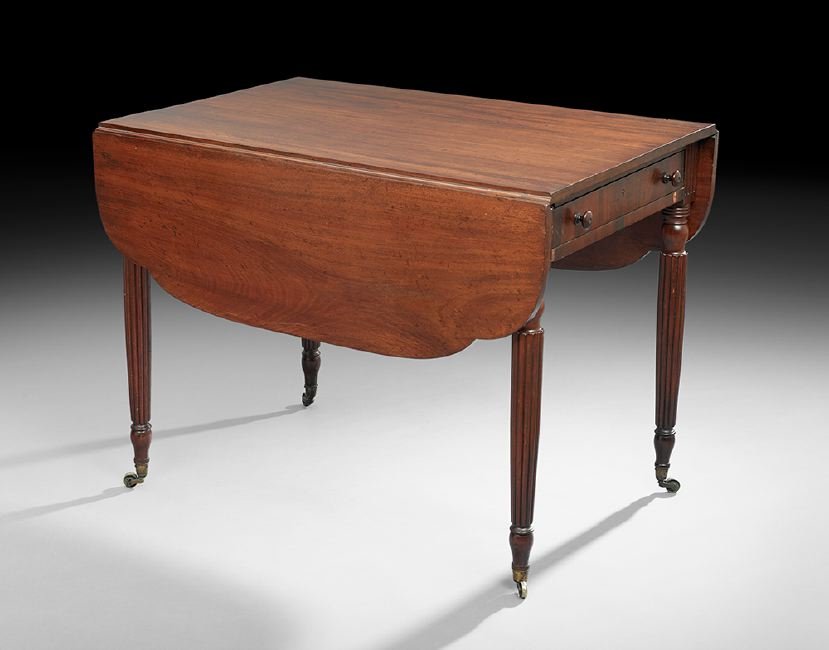 Sheraton Mahogany Pembroke Table, New York: Sheraton Mahogany Pembroke Table, New York, first quarter 19th century, the rectangular top with two rounded clipped leaves, above a frieze fitted with a single end drawer and faux drawer, raised on r