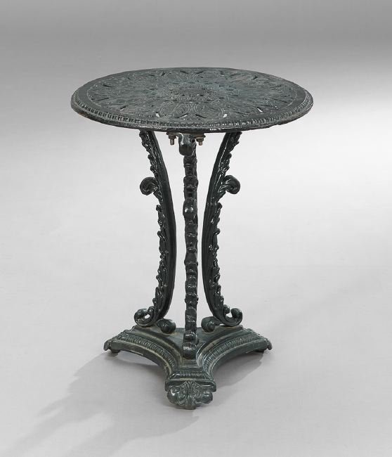 Classical-Style Cast Iron Table: Classical-Style Cast Iron Table, second quarter 19th century, American or English; if American, attributed to Janes, Beebe & Co., New York, h. 24", dia. 18-1/2". Duncan Phyfe utilized cast iron bases