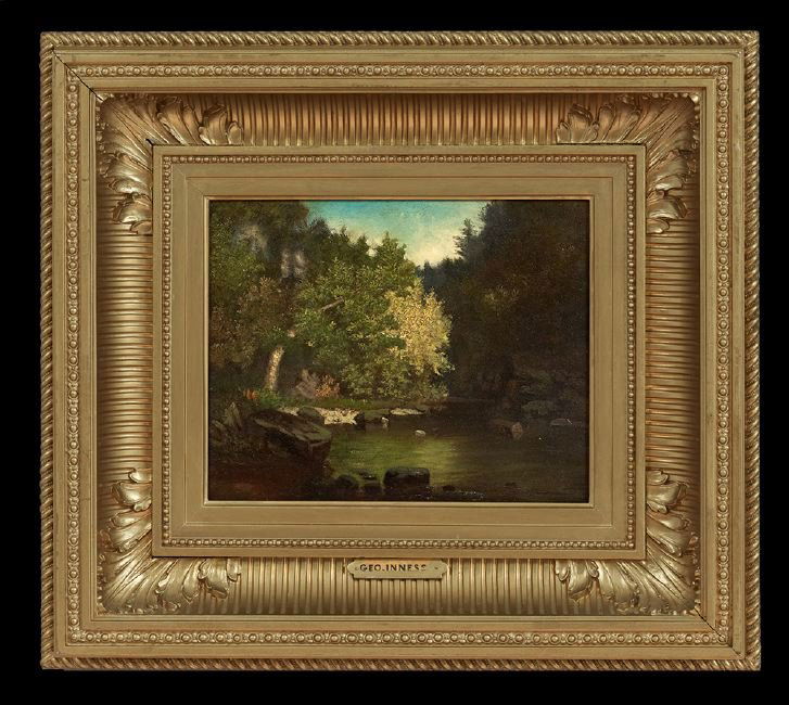 Attributed to George Inness (American, 1825-1894): Attributed to George Inness (American, 1825-1894), "Wooded Interior with a Pond", oil on board, illegibly signed lower left, 9" x 10-5/8". Presented in a giltwood and gesso frame with artist's plaque.