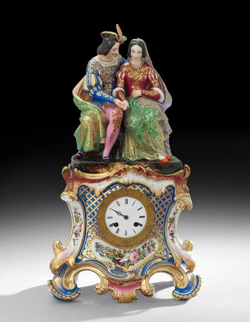 Louis-Philippe Porcelain Two-Part Mantel Clock: Louis-Philippe Porcelain Two-Part Mantel Clock in the Manner of Jacob Petit, mid-19th century, the rococo-style clock hand-painted with flowers on a bleu royale ground and trimmed in gilt and cerise,