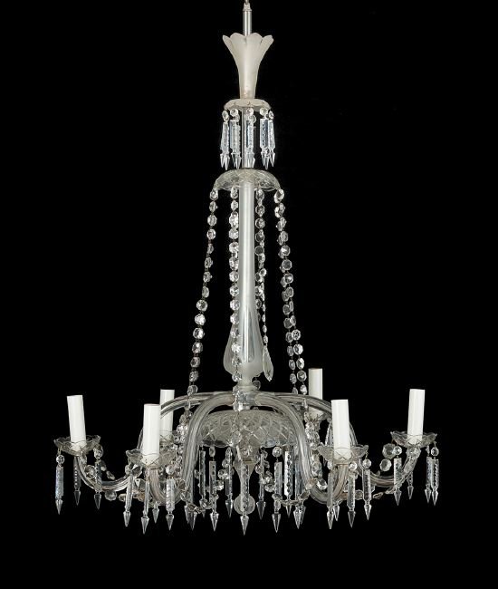 Georgian-Style Prism-Hung Glass Chandelier: Georgian-Style Prism-Hung Etched and Cut Glass Six-Light Chandelier, 19th century and later, the arms joined to the stem by swags of faceted glass beads, the bowl dressed with cut spears, h. 44", dia.