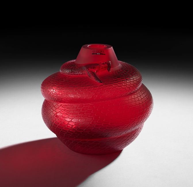 Lalique, Paris, Red Crystal "Serpent" Vase