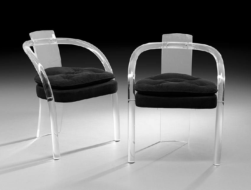Pair of Acrylic and Velvet-Upholstered Armchairs: Pair of Acrylic and Velvet-Upholstered Armchairs in the Manner of Charles Hollis Jones, after his iconic 1970's design, incorporating a curved lucite tube bisected by a similar panel and fitted with a