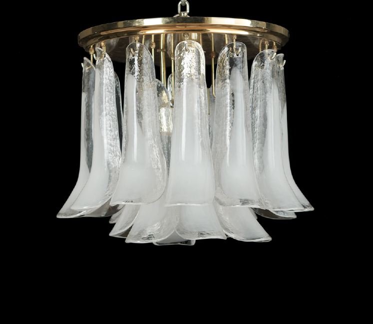 Vintage Italian Murano Glass Light Fixture: Vintage Italian Murano Glass Light Fixture, Attributed to Mazzega, 1960's, the flush-mounted gold-tone metal disc suspended with hand-blown tiers of glass leaves concealing three tiered light sockets,
