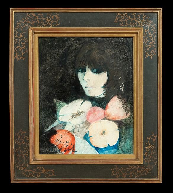 Charles Levier (American/French, 1920-2003): Charles Levier (American/French, 1920-2003), "Women with Flowers", a pair of oils on wood panels, each signed, each 16" x 13". Presented in matching contemporary frames.