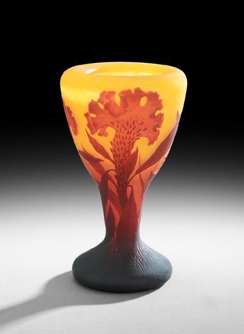 Daum Nancy Cameo Glass Vase: Daum Nancy Cameo Glass Vase, first quarter 20th century, French, decorated with red flowers on a yellow ground, signed "Daum Nancy" in cameo, with the Cross of Lorraine, h. 9-3/4", dia. 5-3/4".