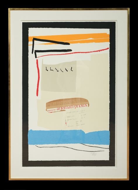 Robert Motherwell (American, 1915-1991): Robert Motherwell (American, 1915-1991), "America-La France Variations III", color lithograph with collage, artist's proof "11/20", signed and numbered (in Roman numerals) lower right, verso with a "G