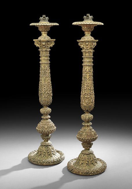 Pair of Italian Carved Giltwood Floor Lamps: Pair of Italian Carved Giltwood Floor Lamps, ca. 1900, in the neoclassical taste, each vasiform standard decorated with raised scrollwork and a Corinthian capital finial, and supporting an urn-form ca