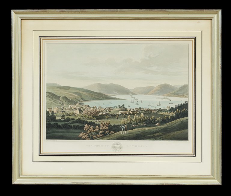 Pair of British Hand-Colored Lithographs: Pair of British Hand-Colored Lithographs, of "The Town of Linlithgow" and "The Town of Rothesay", after J. Clark, sight 17" x 24". Both glazed, handsomely matted and framed.