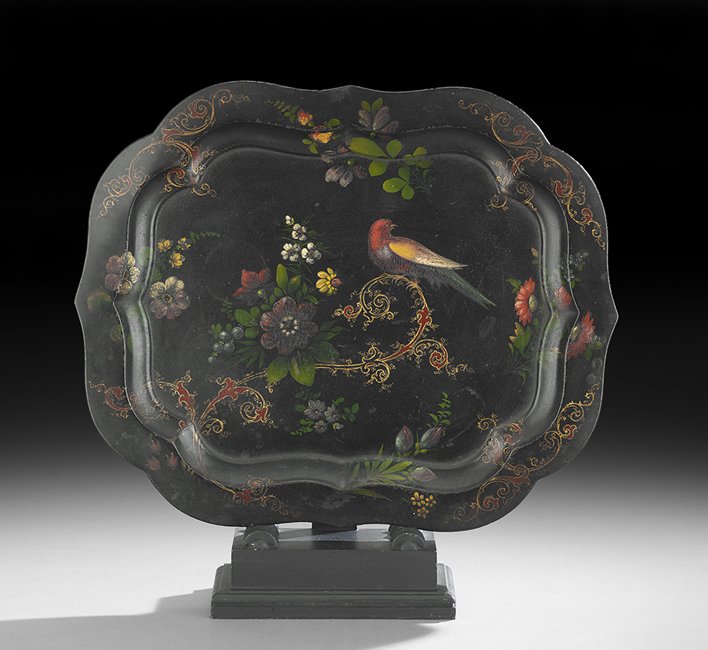 English Victorian-Style Tole-Peinte Tray: English Victorian-Style Hand-Painted Tole-Peinte Tray, first quarter 20th century, in the "Gothic" shape, painted with scattered flowers and a bird perched on gilt scrollwork, w. 19", l. 23".