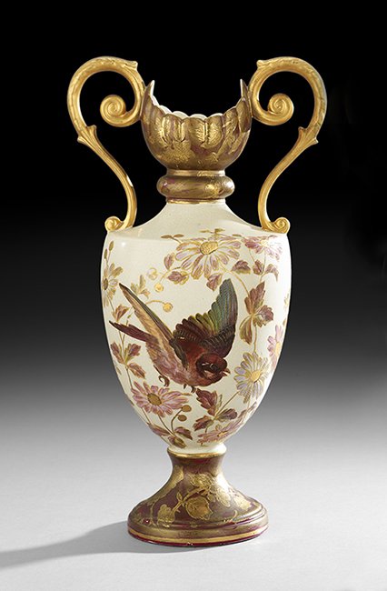 English Aesthetic Pottery Garniture Vase: English Aesthetic Pottery Garniture Vase, late 19th century, the design registered from 1892-1893, in the Royal Worcester style, the ivory-ground body decorated with hand-painted birds and flowers, th