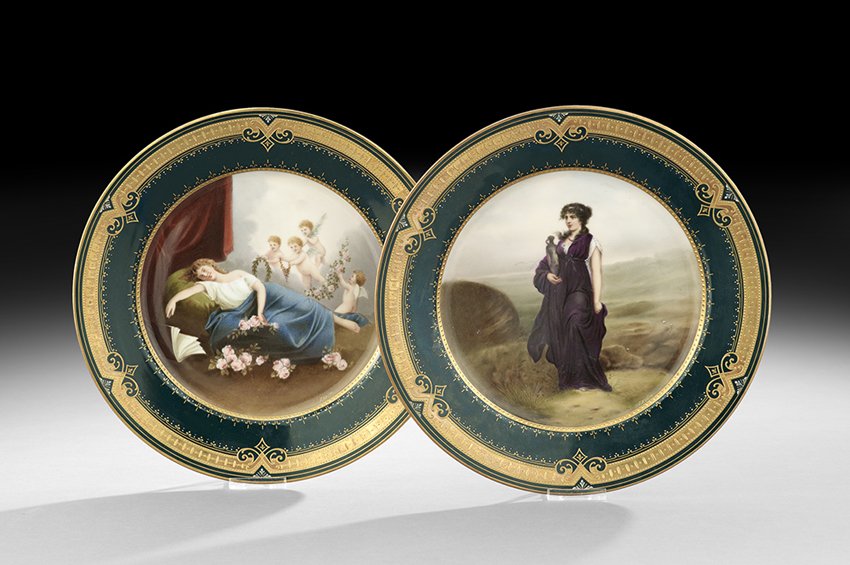 Pair of Vienna-Style Hand-Painted Cabinet Plates: Pair of Vienna-Style Hand-Painted Cabinet Plates, ca. 1883-1906, probably Carl Knoll, Fischern, Bavaria, decorated with raised gilt borders on a forest-green border, with hand-painted neoclassical sce