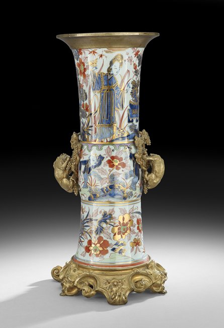 Gilt-Bronze and Porcelain Garniture Vase: Louis-Philippe Franco-Chinese Gilt-Bronze and Porcelain Garniture Vase, mid-19th century, French and Chinese, the rococo revival gilt-bronze masque-molded base holding a Chinese Imari garniture vase m