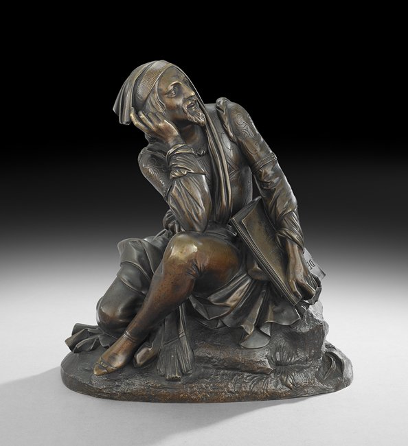 French Patinated Bronze Figure of Boccaccio: French Patinated Bronze Figure of Boccaccio, fourth quarter 19th century, after Francois Theodore Devaulx (French, 1808-1870), depicted holding a copy of his work, The Decameron, inscribed "A Thomas" 