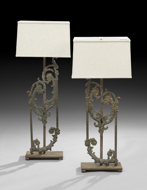 Two Cast Iron Architectural Elements: Near Pair of Continental Rococo Revival Cast Iron Architectural Elements, ca. 1900, now mounted as lamps, overall, h. 40" and 45".