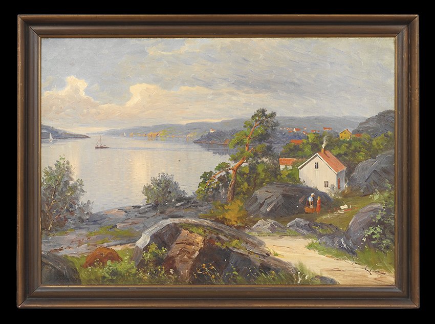 Continental School (20th Century): Continental School (20th Century), "Village by the Sea", oil on canvas, illegibly signed, 27-3/4" x 40". Framed.