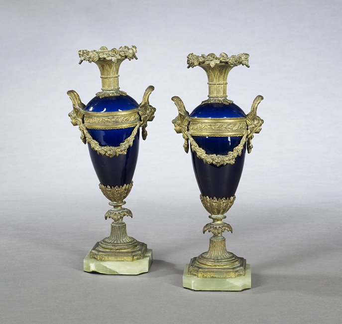 Pair of French Bronze-Mounted Garniture Vases: Pair of French Bronze-Mounted Cobalt Porcelain Garniture Vases, ca. 1900, in the neoclassical taste, on onyx plinths, h. 9-3/4".