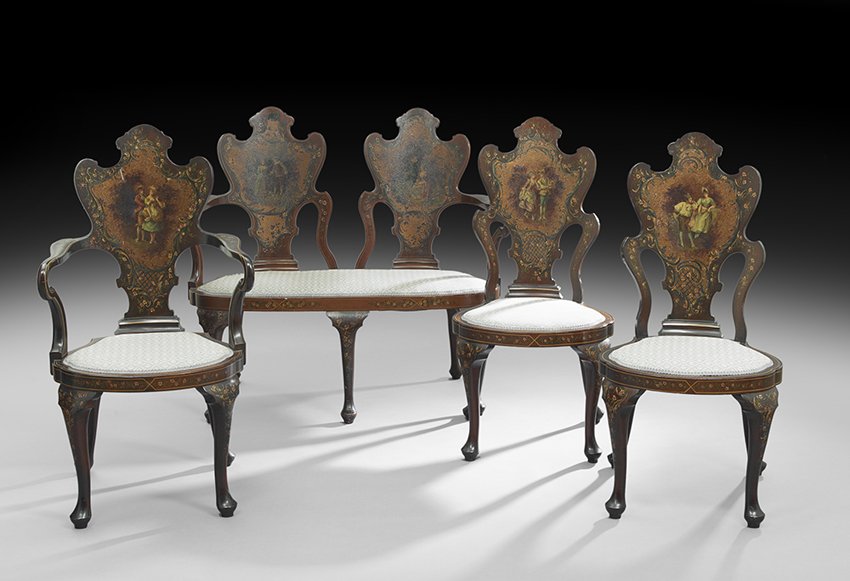 Edwardian Four-Piece Parlor Suite: Edwardian Four-Piece Parlor Suite, early 20th century, consisting of a settee, h. 41-1/2", w. 44-1/2", d. 22", an armchair, h. 41-1/2", and a pair of sidechairs, h. 41-1/2", all with shaped backs feat