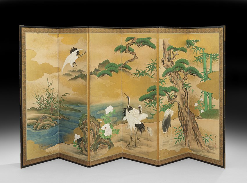Japanese Kano School Six-Panel Folding Screen: Japanese Edo Period (1615-1868) Kano School Six-Panel Folding Screen, 19th century, ink, colors and gold on paper, depicting cranes, pines and bamboo along a riverbank, signed and stamped with a red s