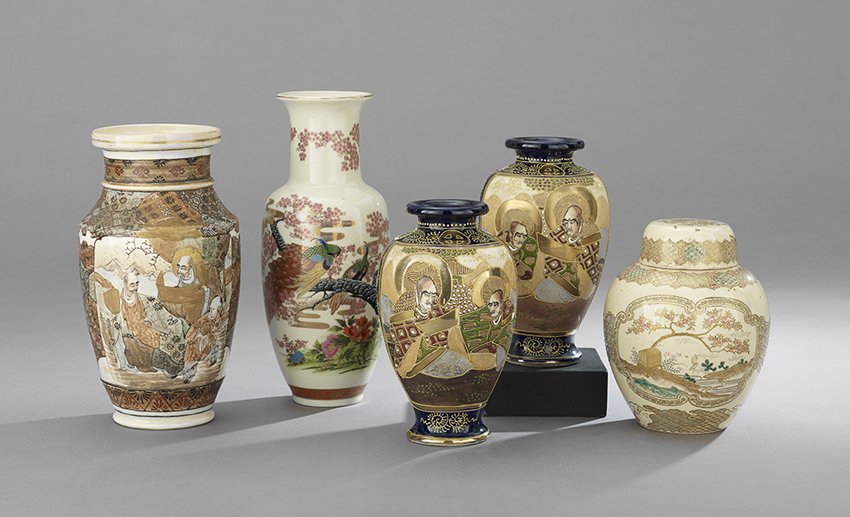 Five Pieces of Japanese Satsuma Ware: Five Pieces of Japanese Satsuma Ware, including a pair of 19th/20th-century vases with figures and a gilt edge and foot, the undersides signed, h. 8-3/4", dia. 5", together with two additional vases a