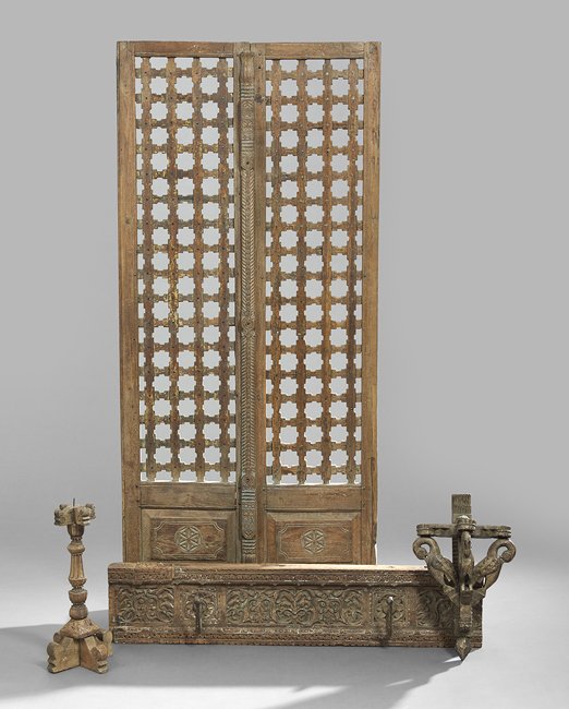 Collection of Four Indian Carved Wooden Elements: Collection of Four Indian Carved Wooden Elements, including a pierced screen, h. 63", w. 29-3/4", a relief-carved architectural element set with two coat hooks, h. 9", w. 45-1/2", a bird-carved wall b