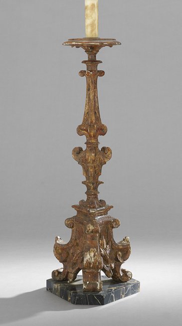 Italian Carved and Painted Altar Stick: Italian Carved and Painted Altar Stick, 19th century, now mounted as a lamp on an Egyptian marble base, base, h. 26-1/4", overall, h. 42", dia. 9".