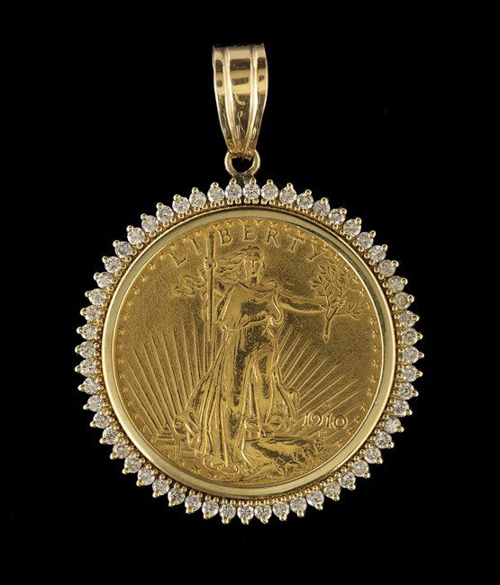 14 Kt. Yellow Gold and Diamond Pendant: Fourteen-Karat Yellow Gold and Diamond Pendant, comprised of a 1910 St. Gaudens twenty dollar gold coin, bezel set with fifty-six round brilliant-cut diamonds, with an approximate total weight of 1.50
