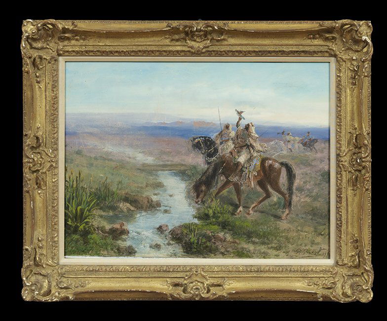Paul Pascal (French, 19th/20th Century): Paul Pascal (French, 19th/20th Century), "Mounted Falconers by the Stream", pastel on paper, signed lower right, sight 17" x 23-3/4". Framed.