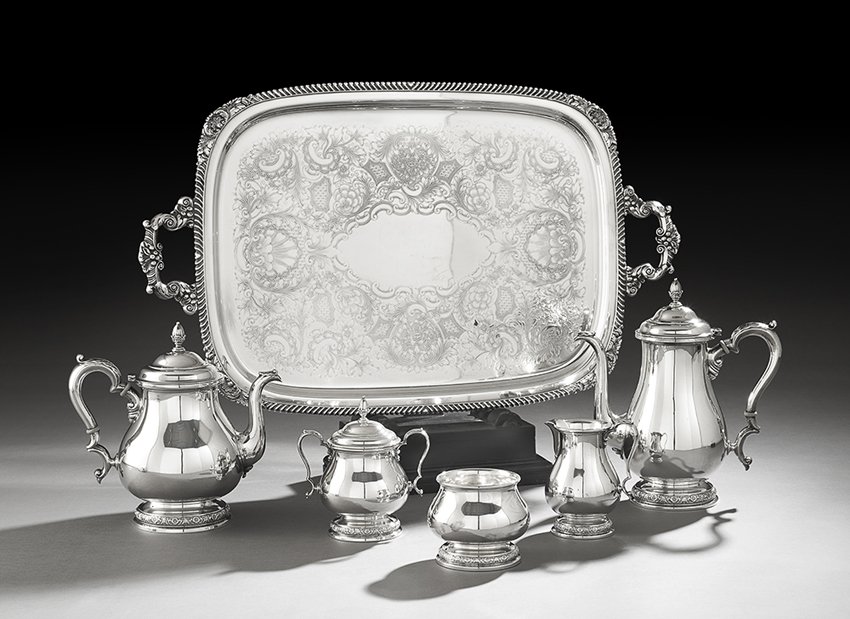 International "Prelude" Sterling Silver Tea Set: Five-Piece International "Prelude" Sterling Silver Tea and Coffee Set with Silverplate Tray, the pattern designed in 1939 by Alfred Grover Kintz (1885-1963), Meriden, Connecticut, including a coffeepo