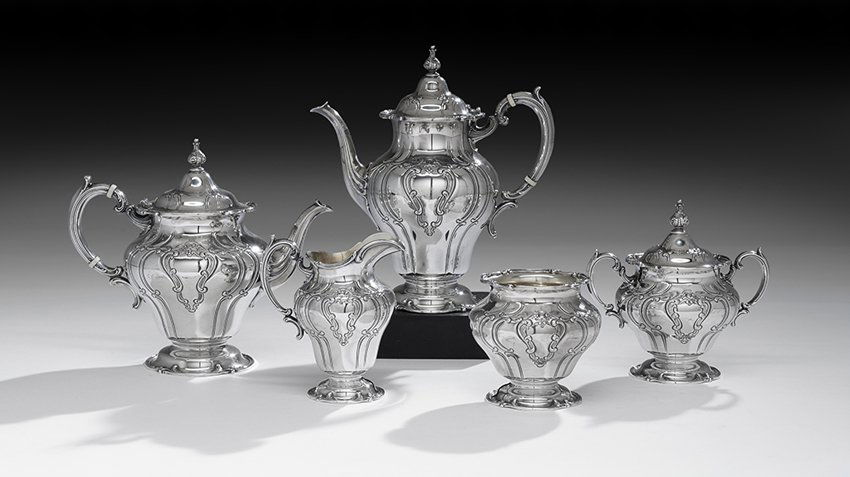 Gorham "Chantilly-Duchess" Silver Tea Set: Five-Piece Gorham "Chantilly-Duchess" Sterling Silver Coffee and Tea Set, 1951-1953, Providence, Rhode Island, including a coffeepot, h. 10-1/4", a teapot, h. 8-3/4", a covered sugar bowl, h. 6-3/4",