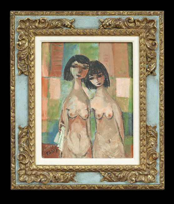 Nicholas Takis (American, 1903-1965): Nicholas Takis (American, 1903-1965), "Two Nudes", oil on board, signed lower left, 14-1/2" x 10-3/4". Framed.
